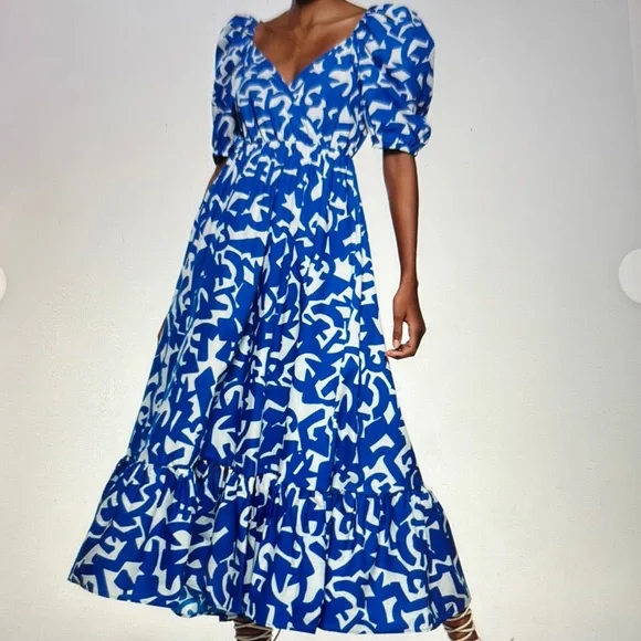 Zara | Dresses | Zara Blue And White Puff Sleeve Crossover V Neck Midimaxi  Sundress Tiered Small | Poshmark
